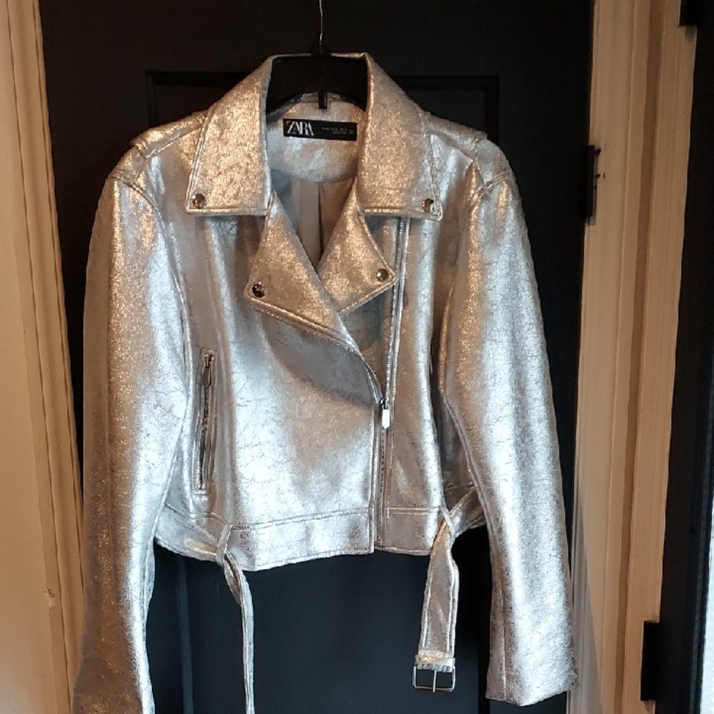 Zara Shimmering Silver Women's Faux Leather Jacket